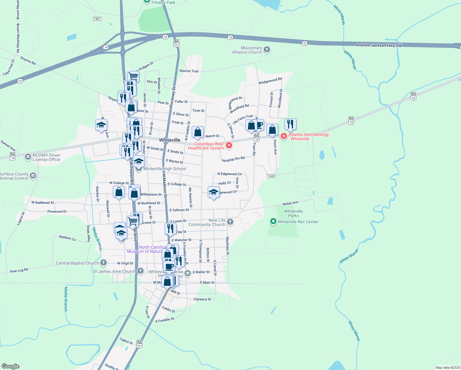 map of restaurants, bars, coffee shops, grocery stores, and more near 432 Holly Cir in Whiteville