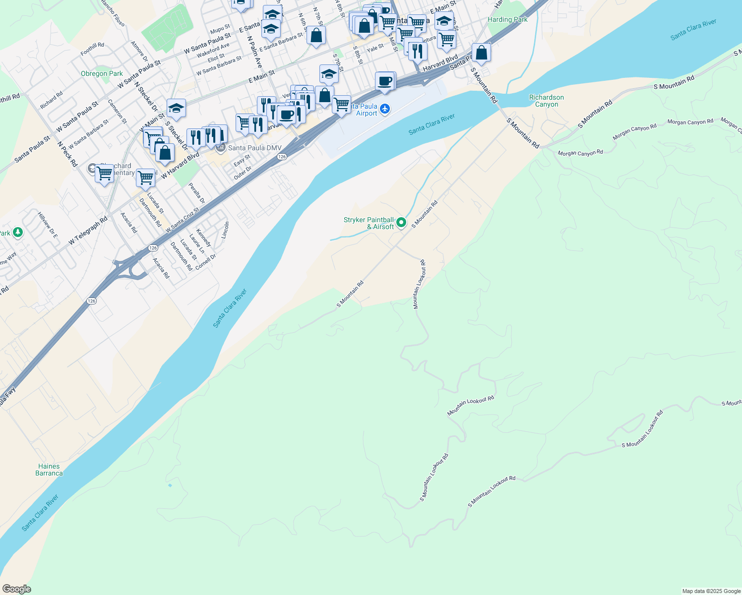 map of restaurants, bars, coffee shops, grocery stores, and more near 16892 South Mountain Road in Santa Paula