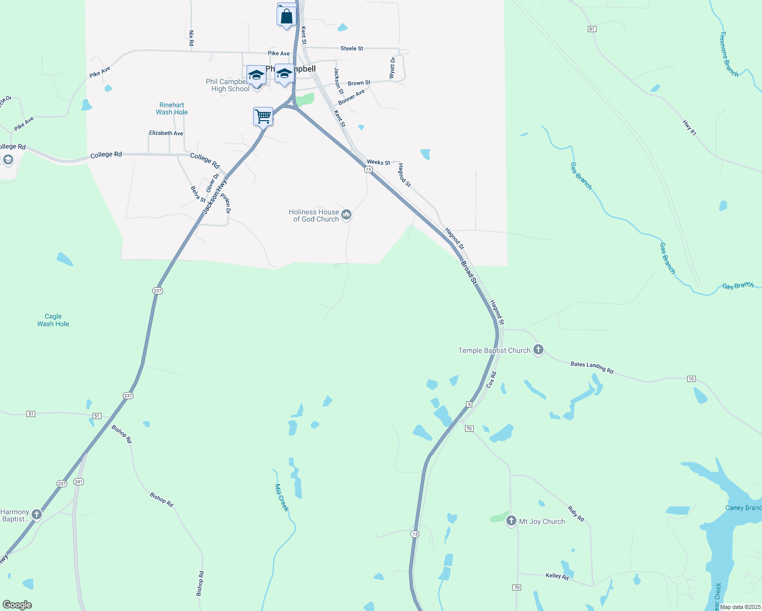 map of restaurants, bars, coffee shops, grocery stores, and more near in Phil Campbell