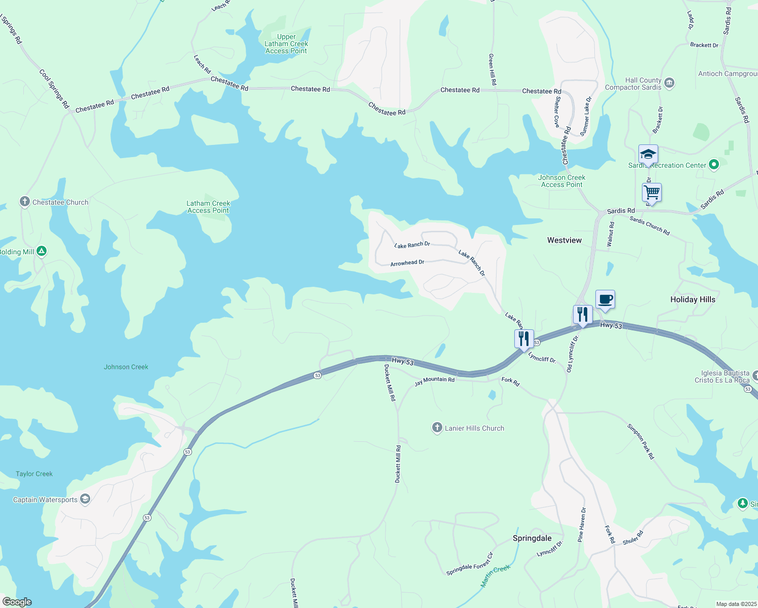 map of restaurants, bars, coffee shops, grocery stores, and more near 3182 Deepwater Drive in Gainesville