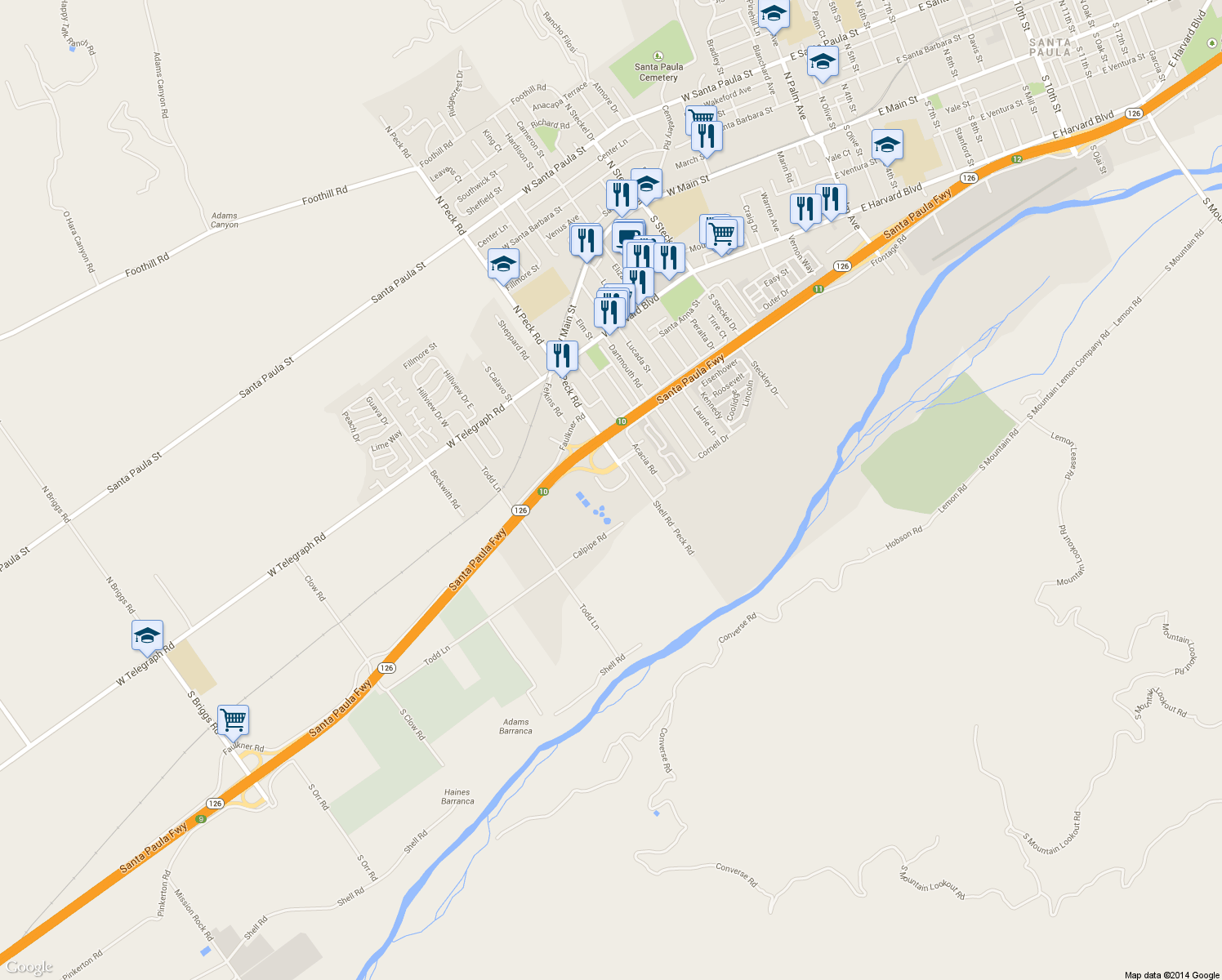 map of restaurants, bars, coffee shops, grocery stores, and more near 870 Corporation Street in Santa Paula
