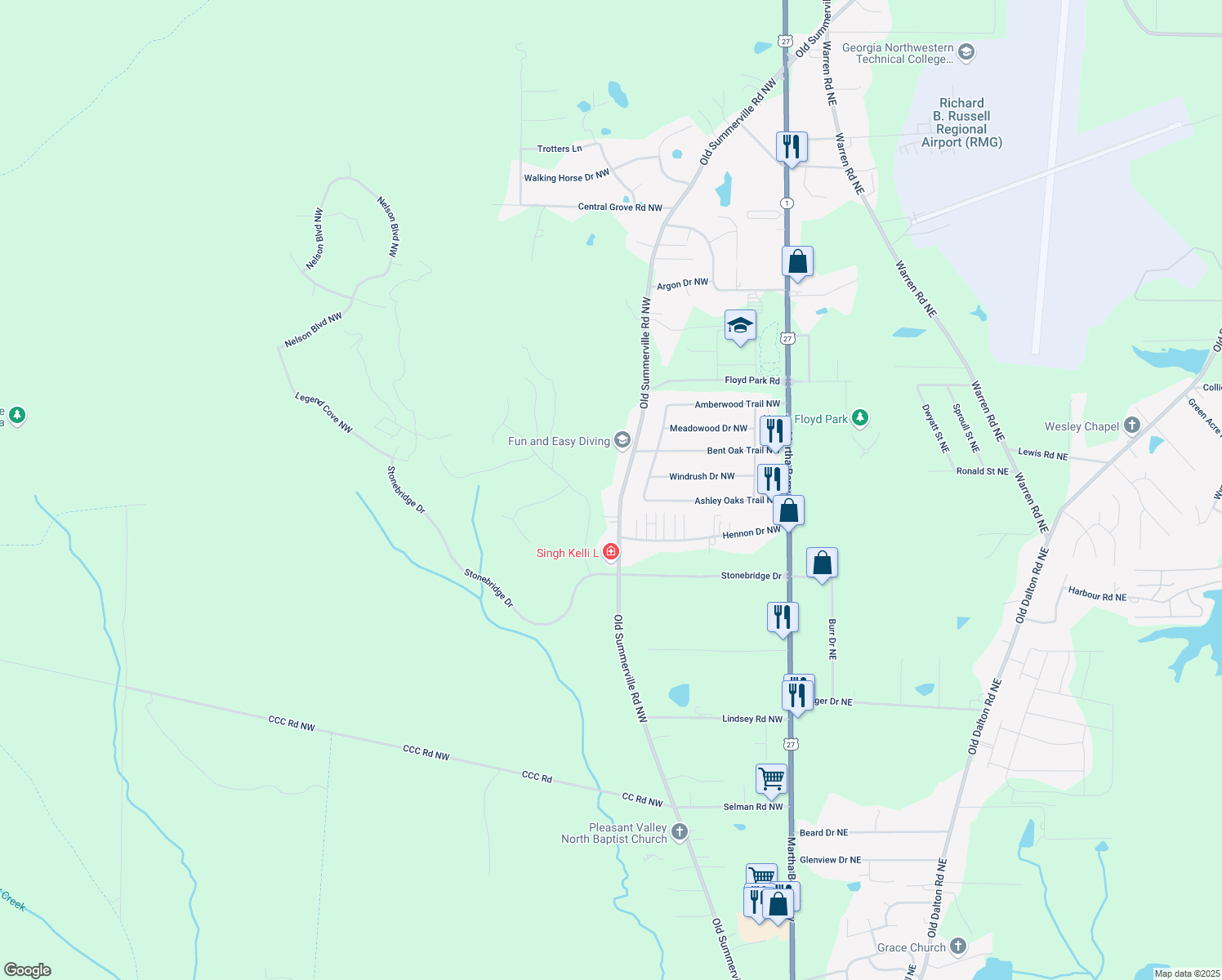 map of restaurants, bars, coffee shops, grocery stores, and more near 1297 Old Summerville Road Northwest in Rome