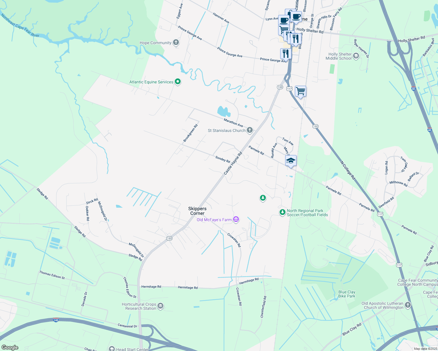 map of restaurants, bars, coffee shops, grocery stores, and more near 4711 Castle Hayne Road in Castle Hayne