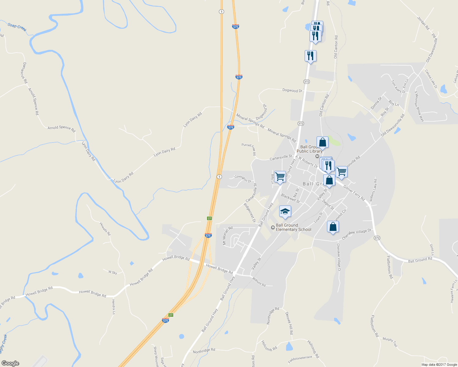map of restaurants, bars, coffee shops, grocery stores, and more near 216 Harris Court in Ball Ground
