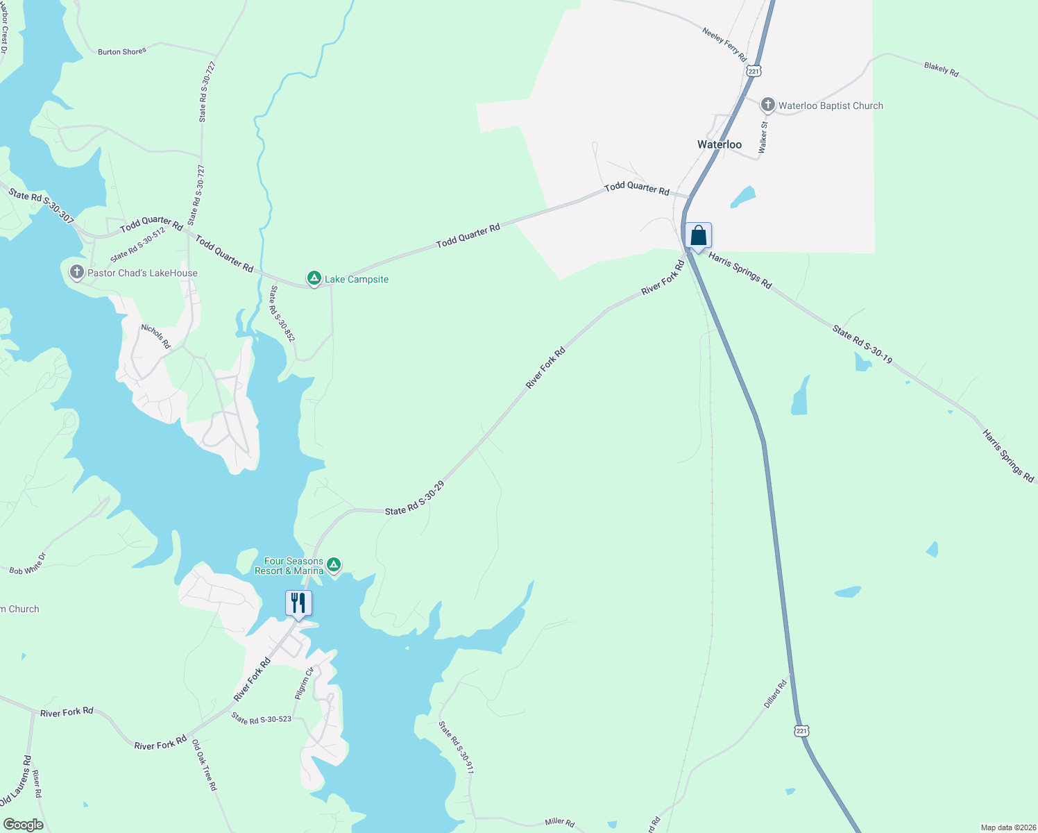 map of restaurants, bars, coffee shops, grocery stores, and more near 811 River Fork Road in Waterloo
