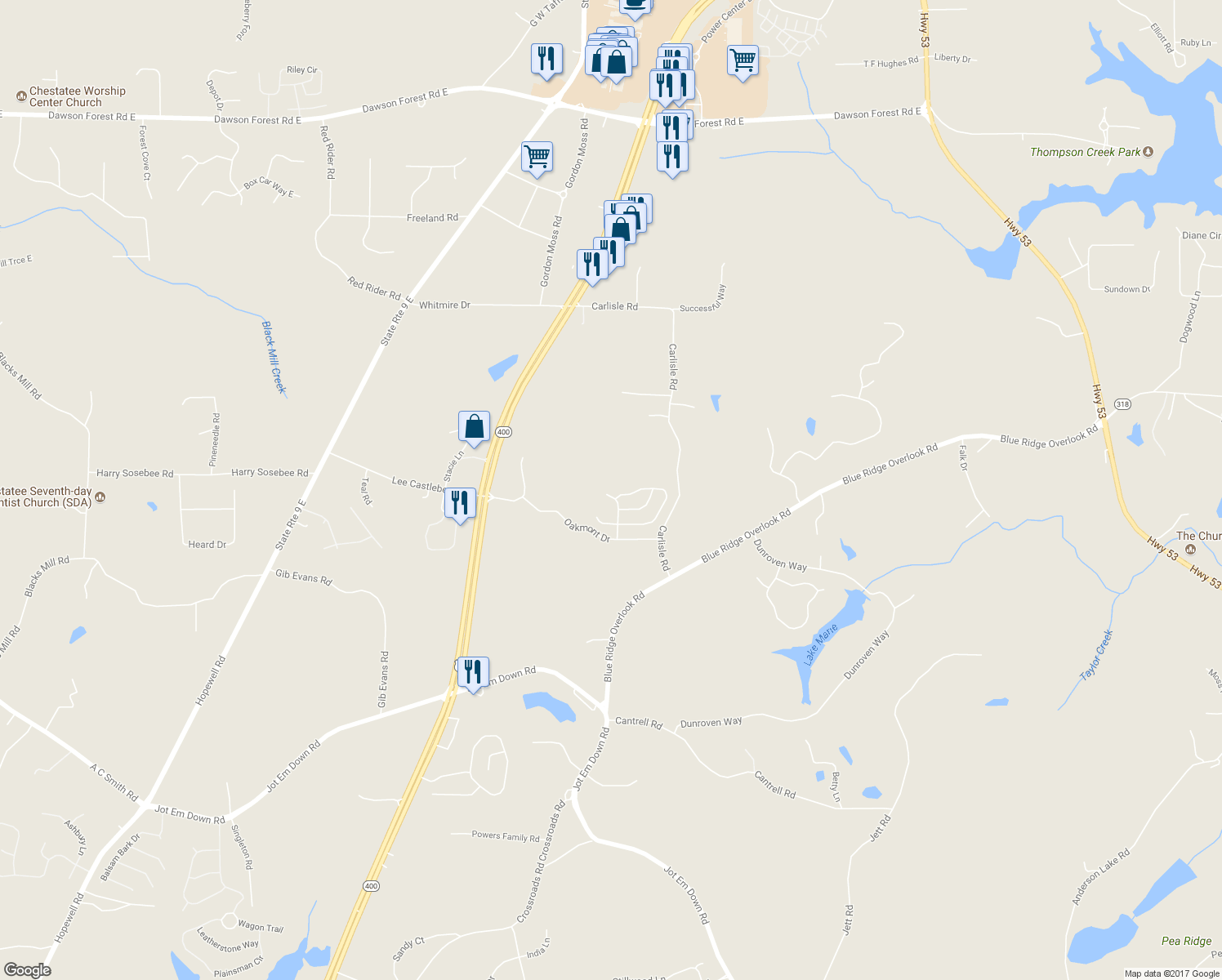 map of restaurants, bars, coffee shops, grocery stores, and more near 144 Northfield Circle in Dawsonville