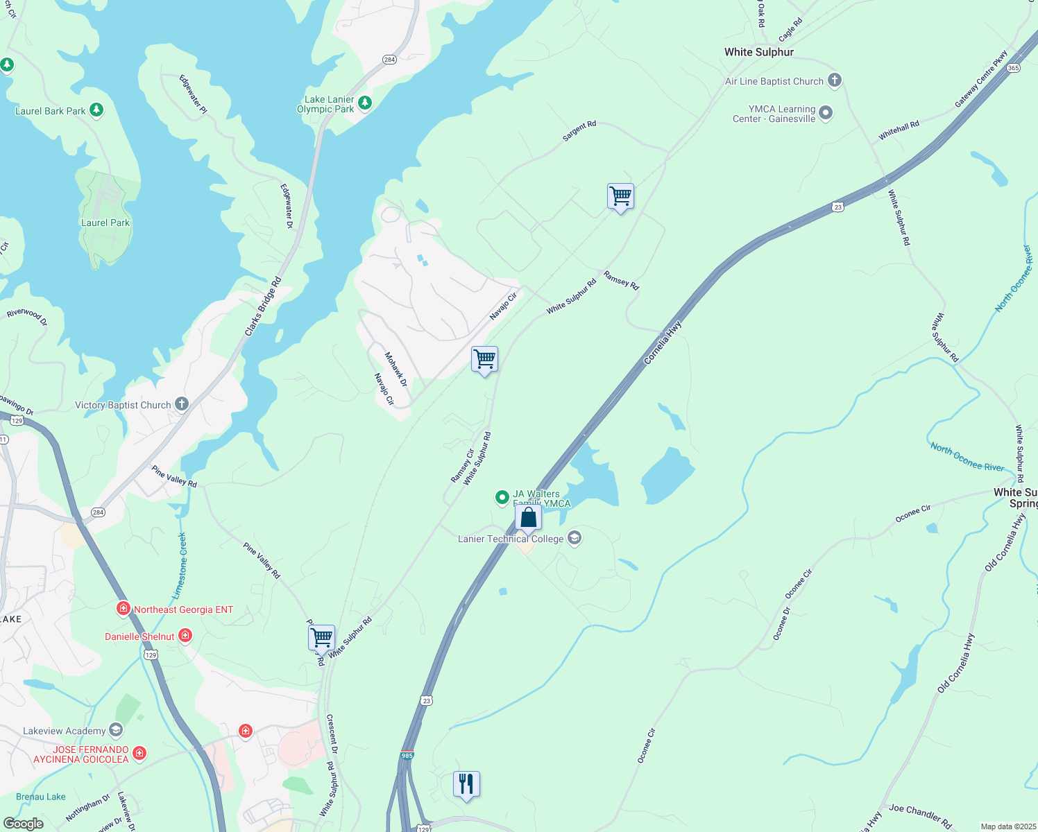 map of restaurants, bars, coffee shops, grocery stores, and more near 2598 White Sulphur Rd in Gainesville