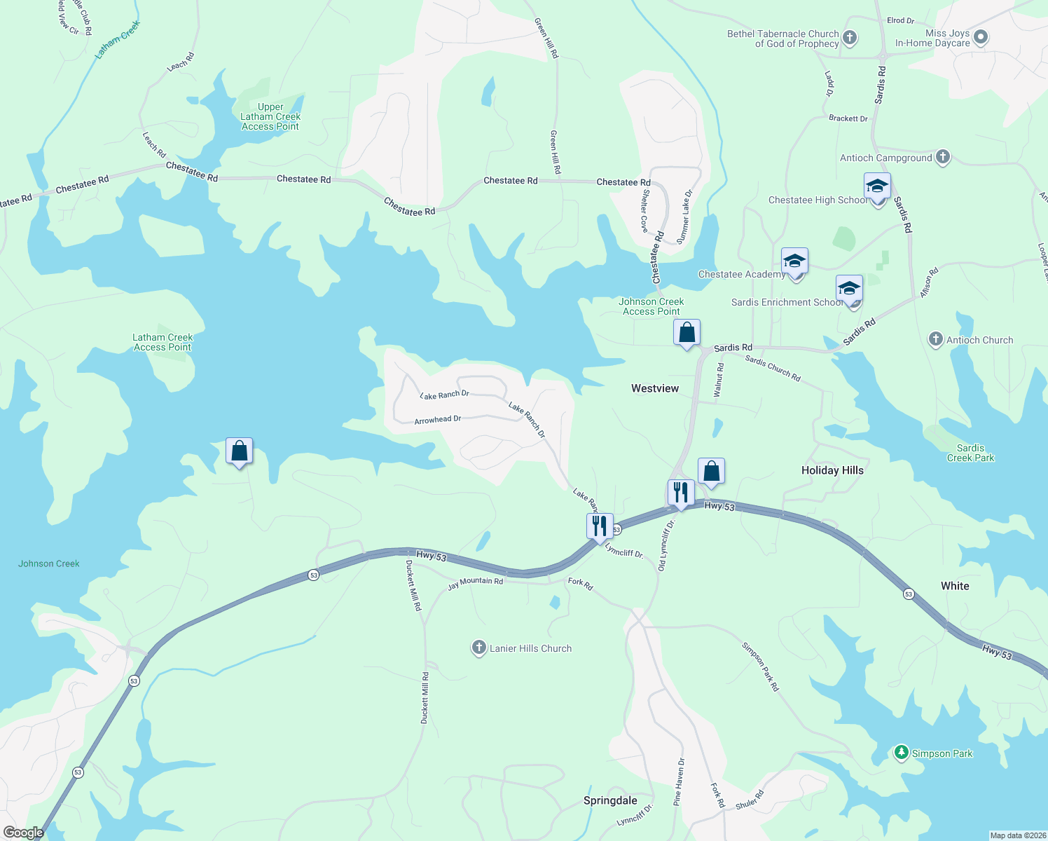 map of restaurants, bars, coffee shops, grocery stores, and more near 3085 Arrowhead Drive in Gainesville