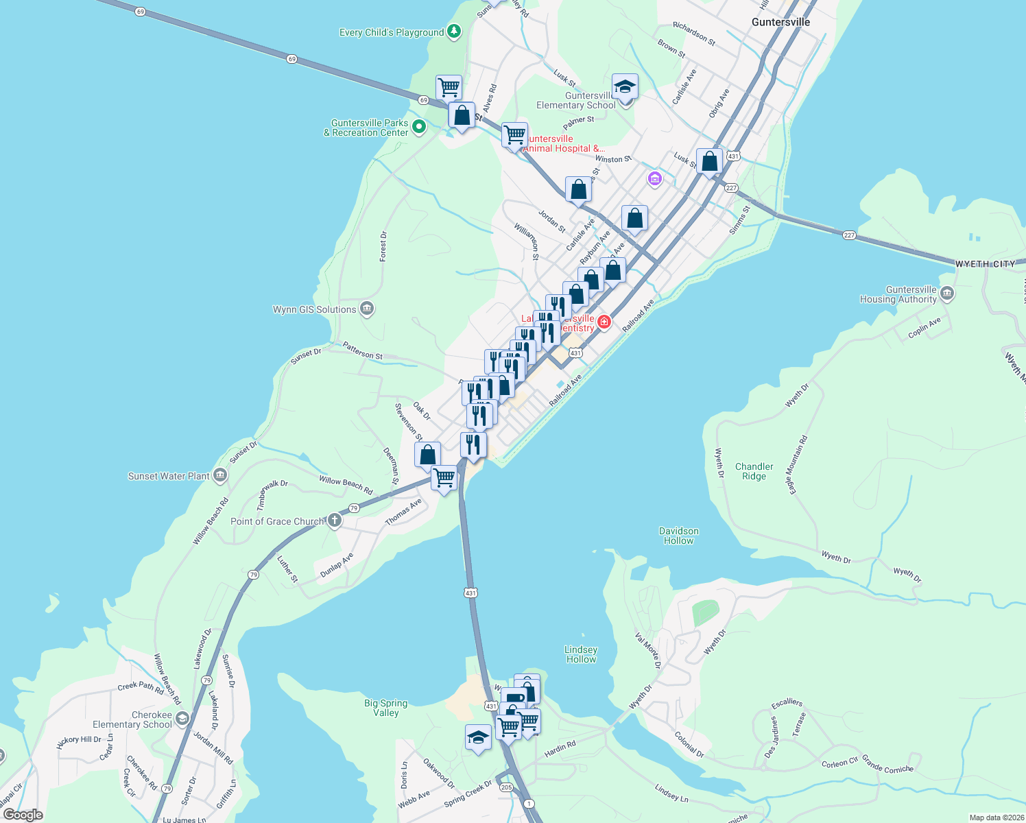 map of restaurants, bars, coffee shops, grocery stores, and more near 3RD Bonds Lane in Guntersville