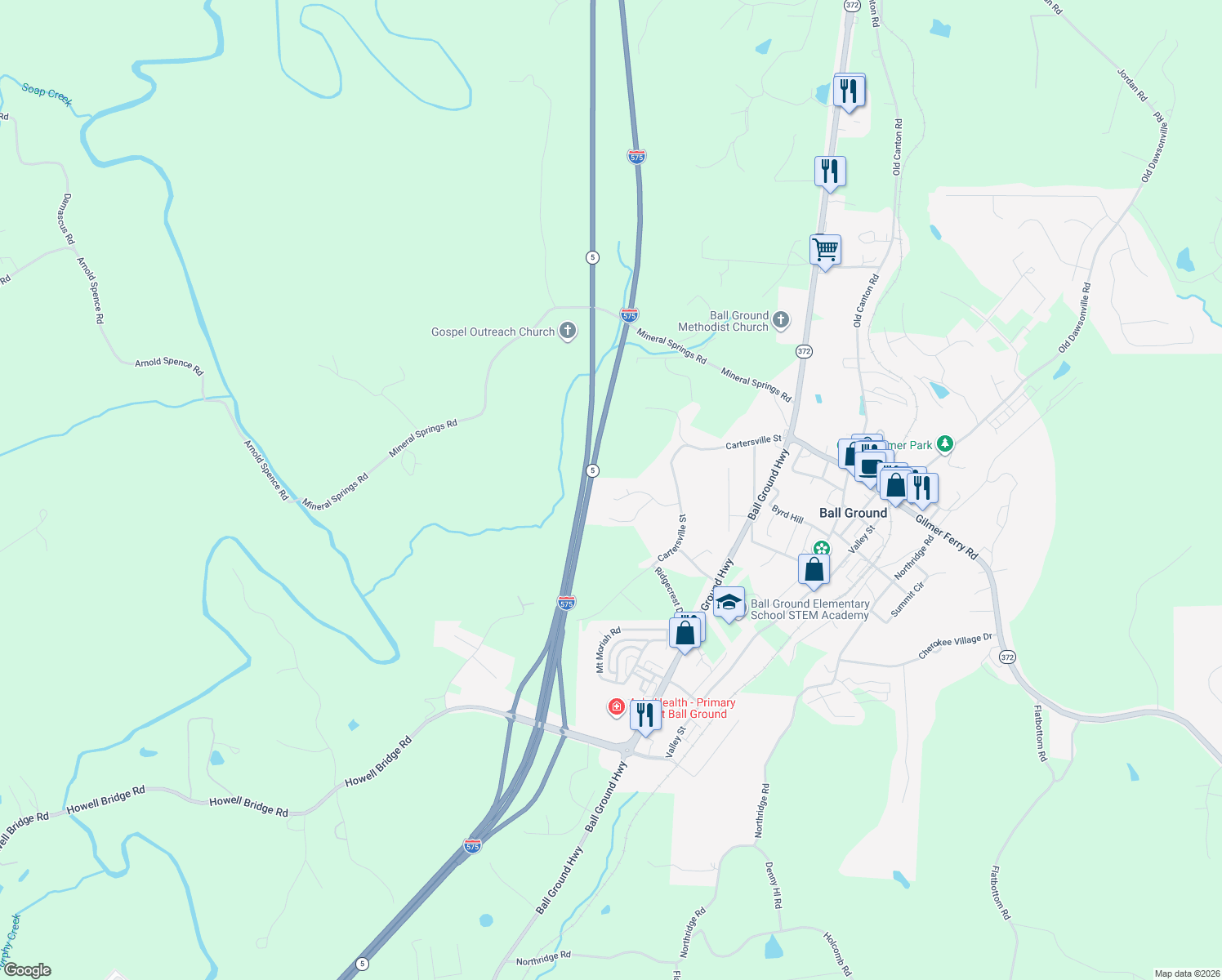 map of restaurants, bars, coffee shops, grocery stores, and more near 122 Covington Dr in Ball Ground