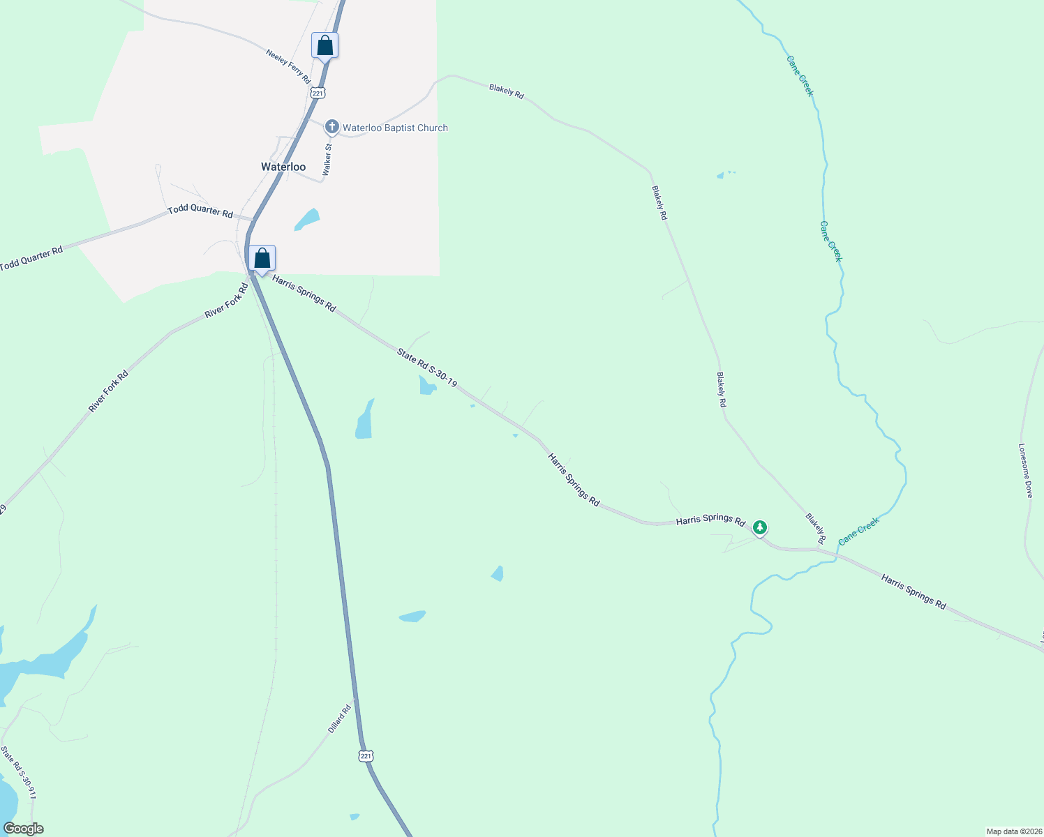 map of restaurants, bars, coffee shops, grocery stores, and more near 1055 Harris Springs Road in Waterloo