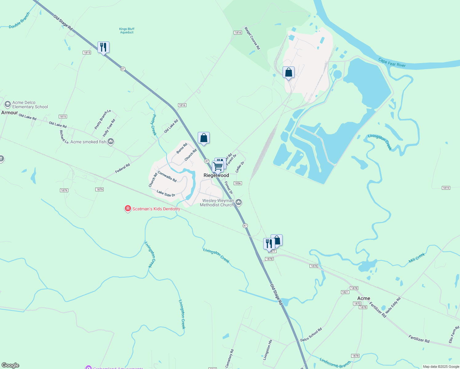 map of restaurants, bars, coffee shops, grocery stores, and more near 112 Forest Drive in Riegelwood