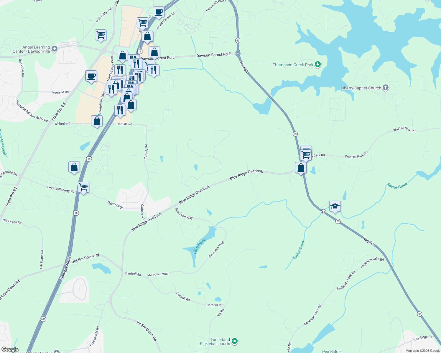 map of restaurants, bars, coffee shops, grocery stores, and more near 372 Summit Overlook Drive in Dawsonville