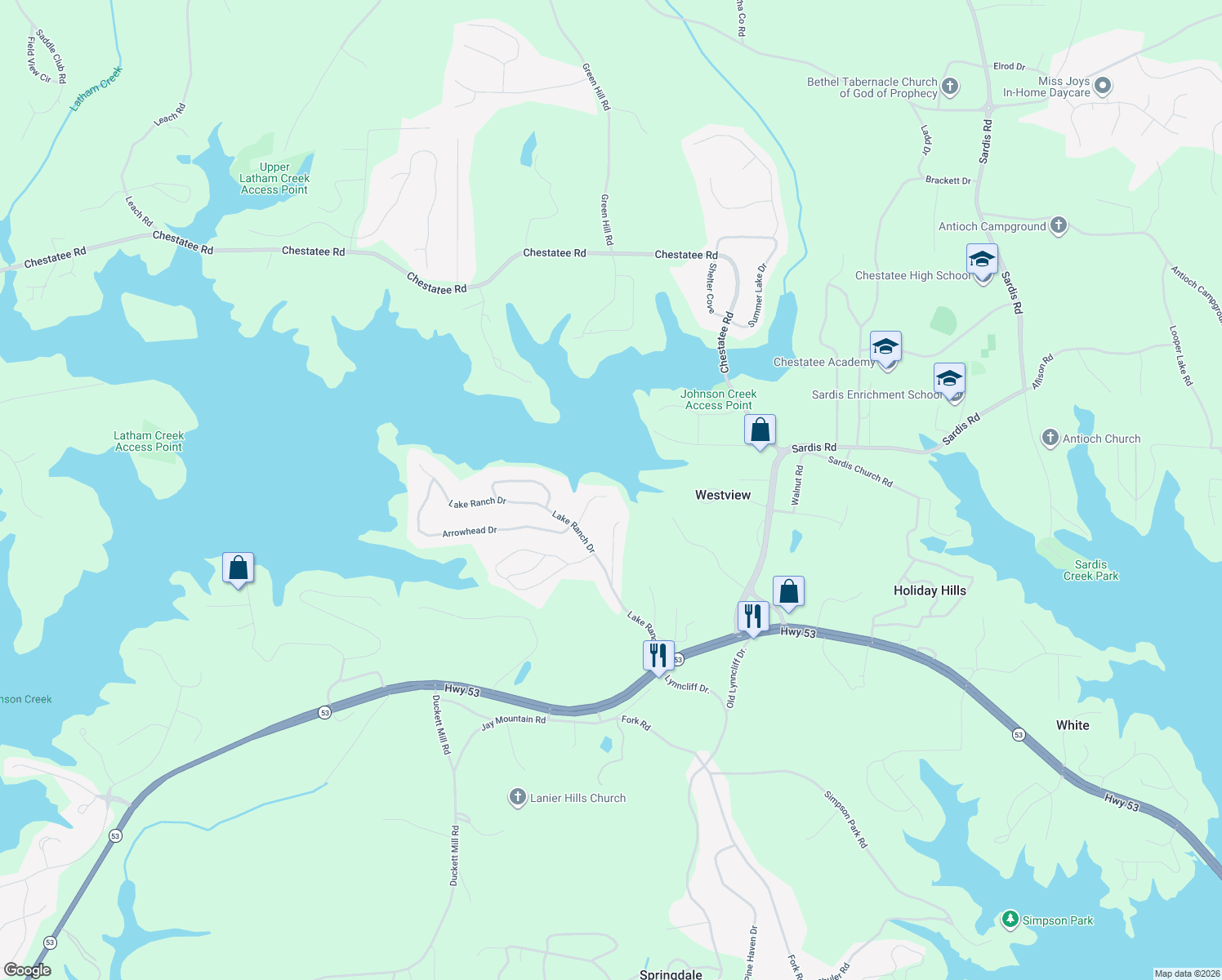 map of restaurants, bars, coffee shops, grocery stores, and more near 3197 Madera Way in Gainesville