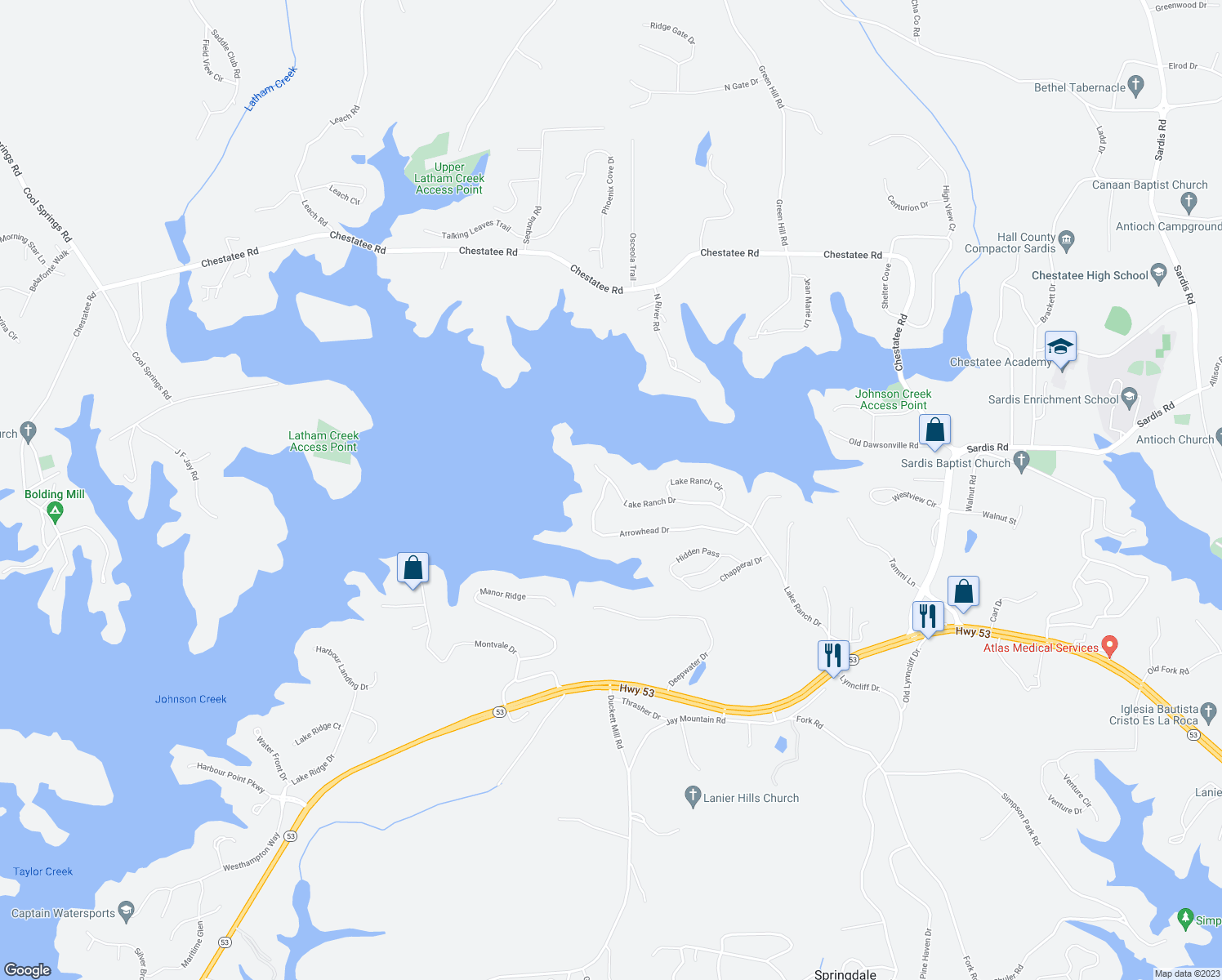 map of restaurants, bars, coffee shops, grocery stores, and more near 3167 Lake Ranch Drive in Gainesville