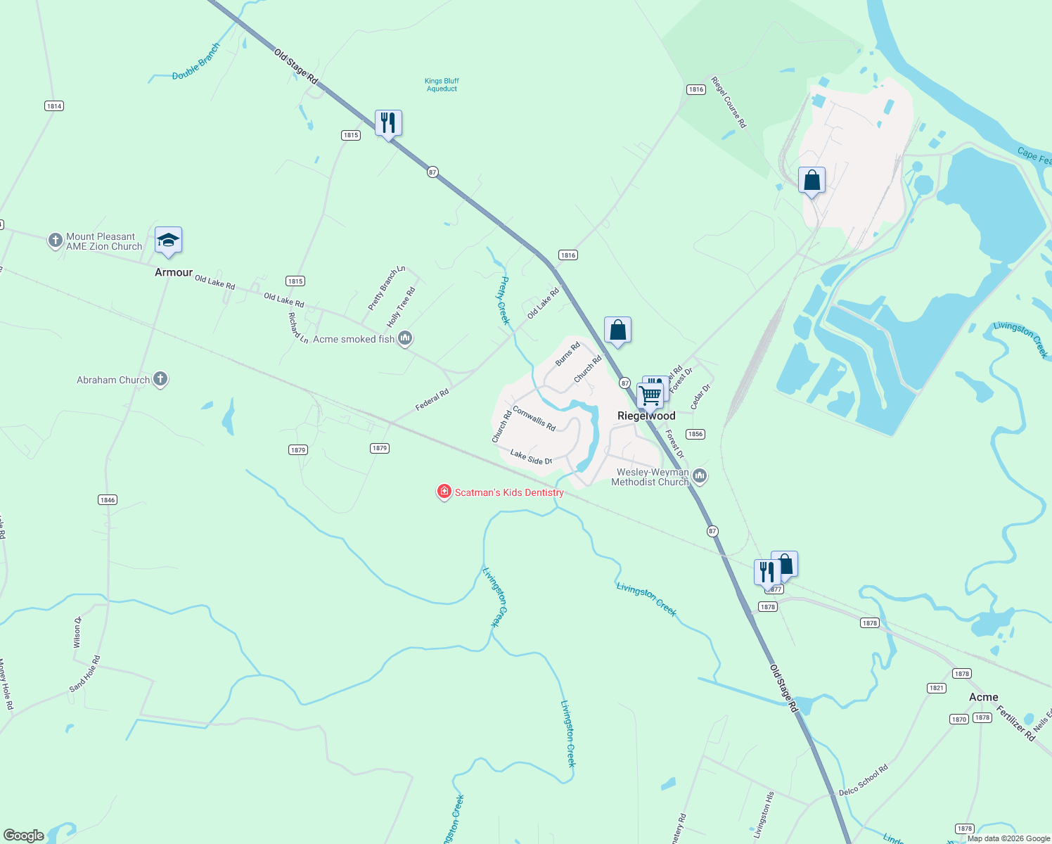 map of restaurants, bars, coffee shops, grocery stores, and more near 107 Cornwallis Road in Riegelwood