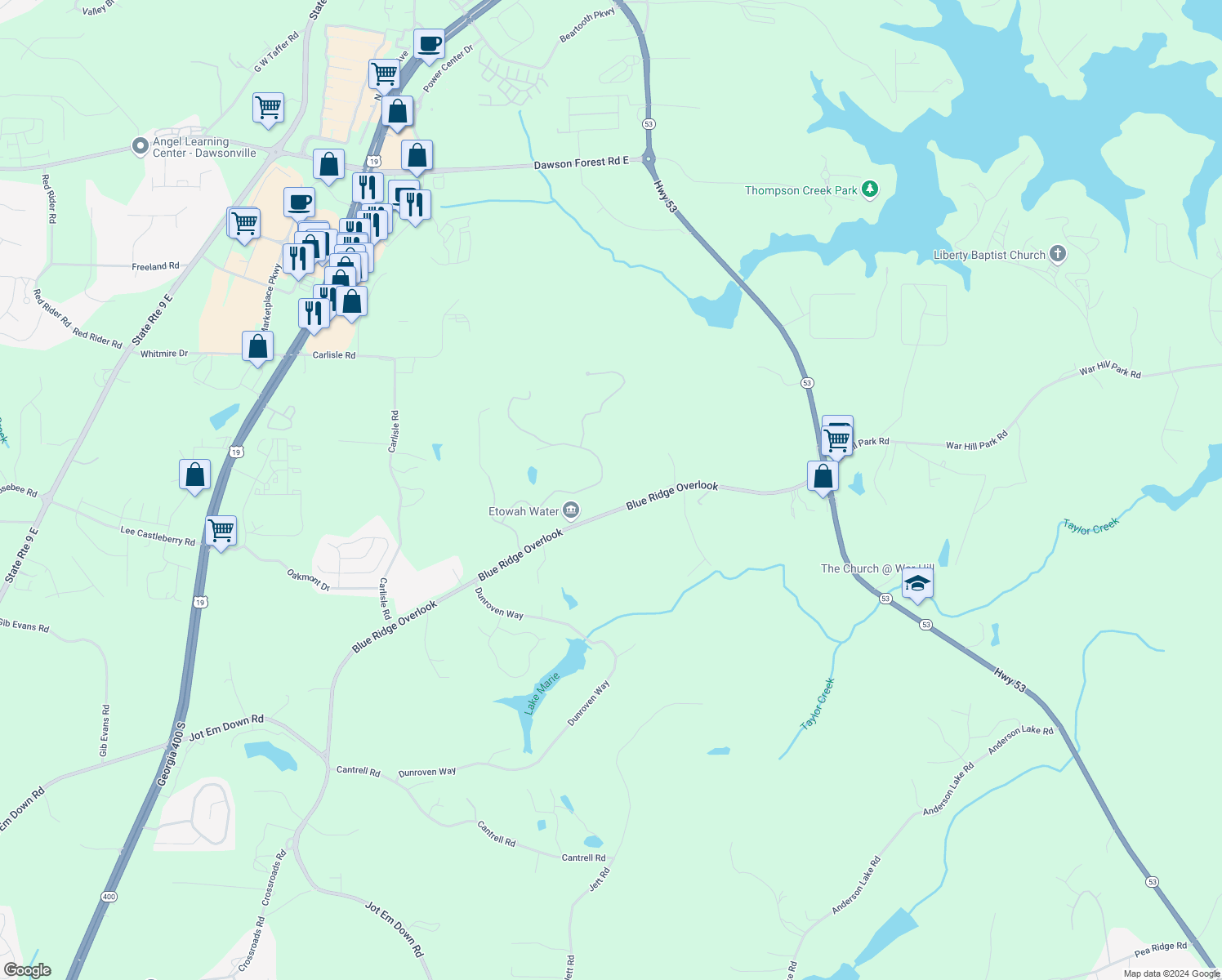 map of restaurants, bars, coffee shops, grocery stores, and more near 372 Summit Overlook Drive in Dawsonville