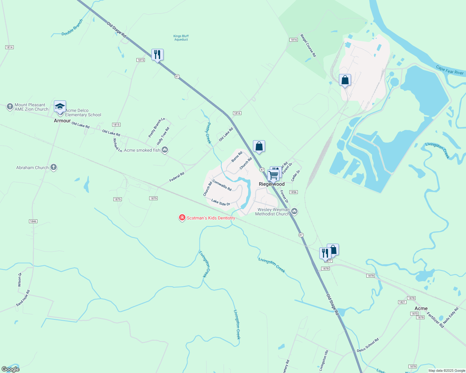 map of restaurants, bars, coffee shops, grocery stores, and more near 100 Cornwallis Road in Riegelwood
