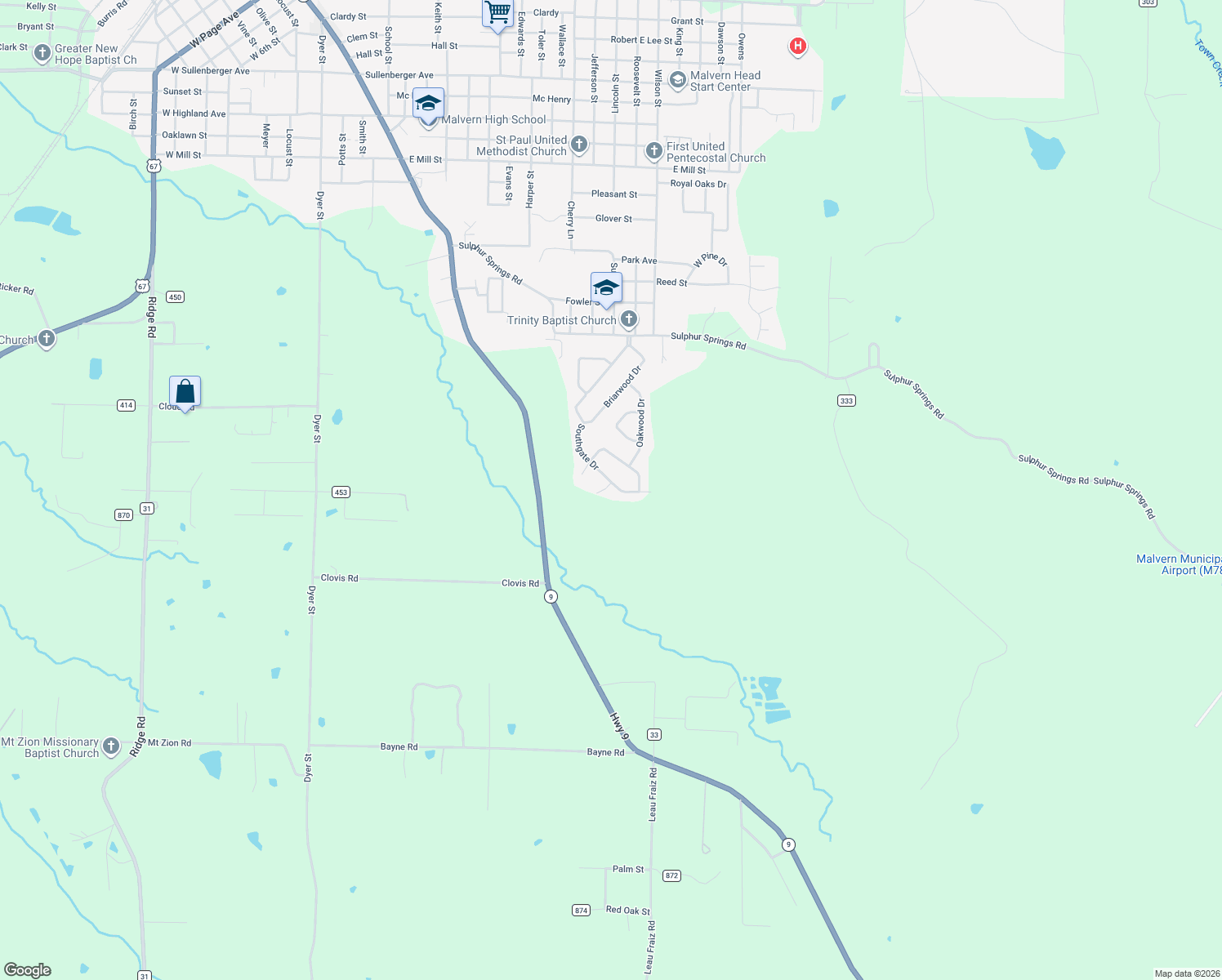 map of restaurants, bars, coffee shops, grocery stores, and more near 2802 Southgate Dr in Malvern