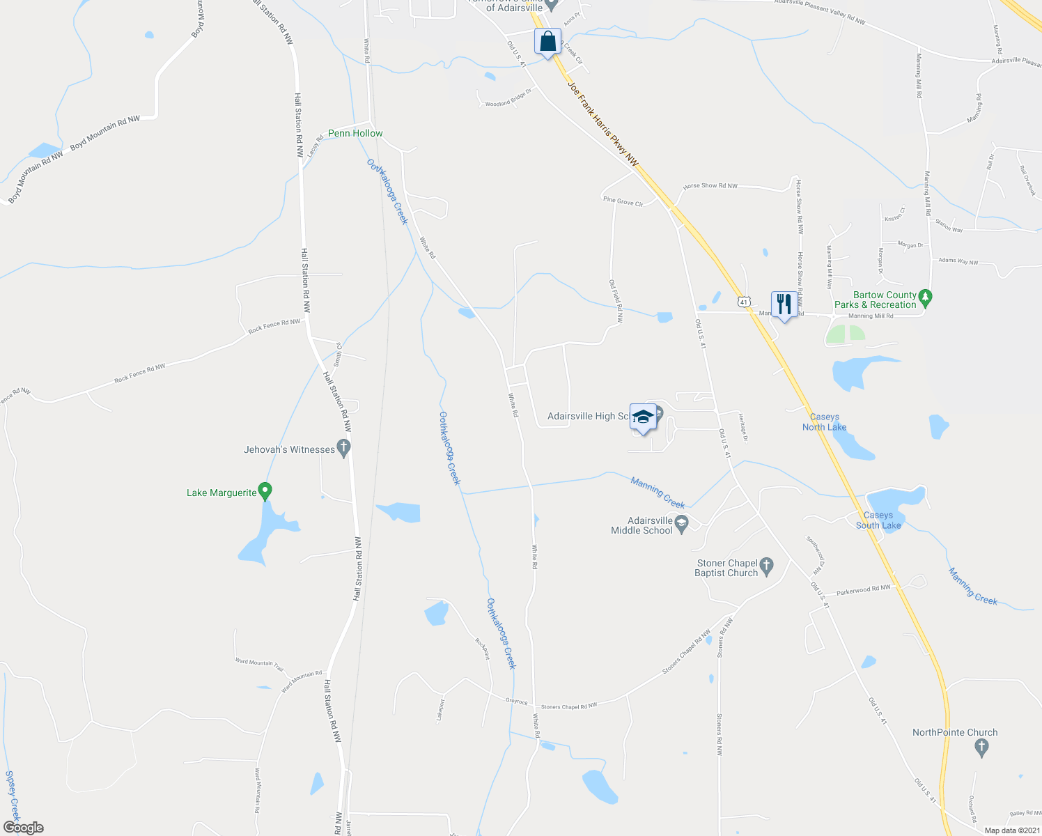 map of restaurants, bars, coffee shops, grocery stores, and more near 412 White Road in Adairsville