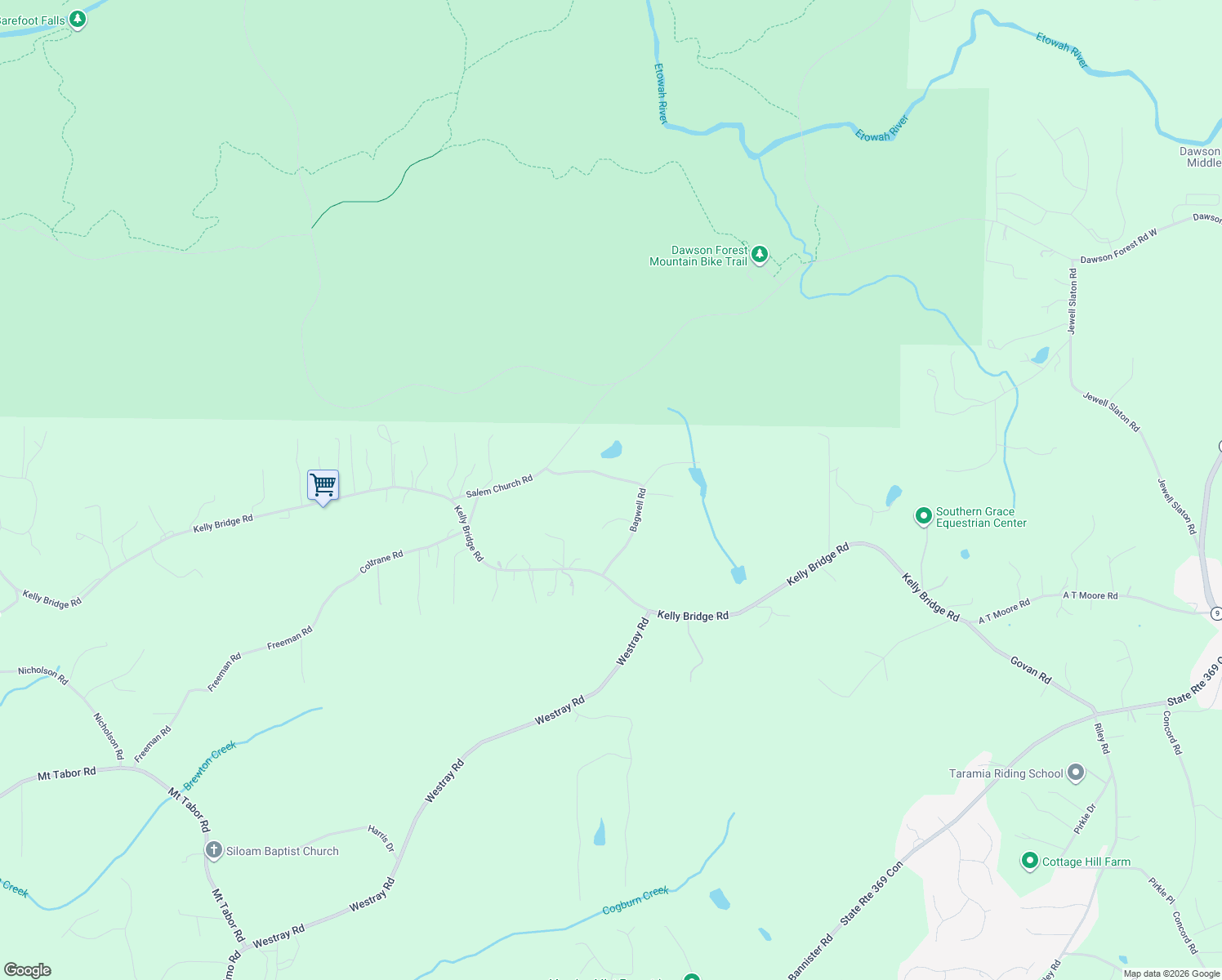map of restaurants, bars, coffee shops, grocery stores, and more near 390 Bagwell Road in Dawsonville