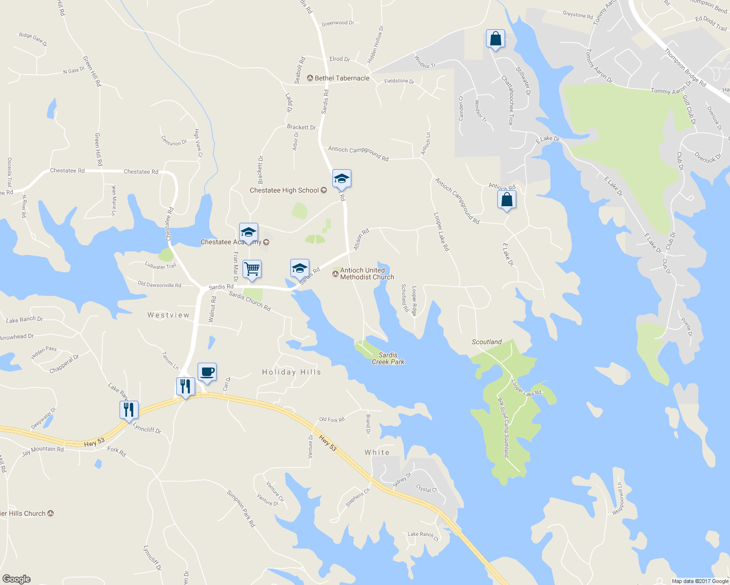 map of restaurants, bars, coffee shops, grocery stores, and more near 2959 Antioch Church Road in Gainesville