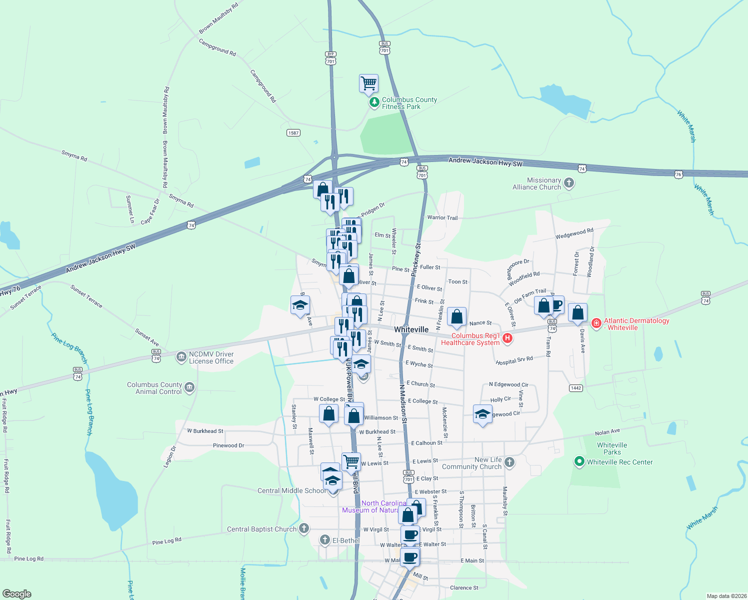 map of restaurants, bars, coffee shops, grocery stores, and more near 906 James Street in Whiteville