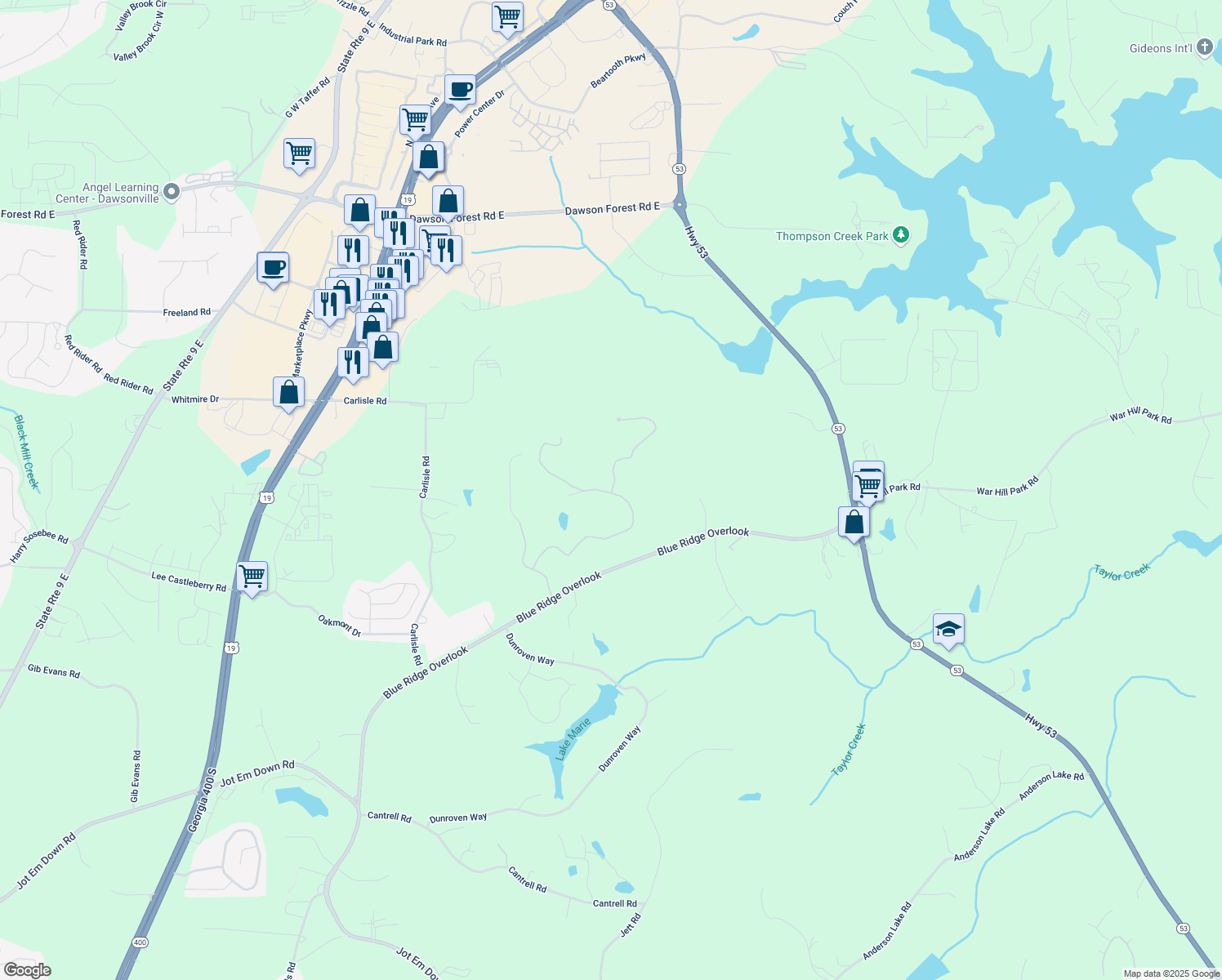 map of restaurants, bars, coffee shops, grocery stores, and more near 55 Summitrail Lane in Dawsonville