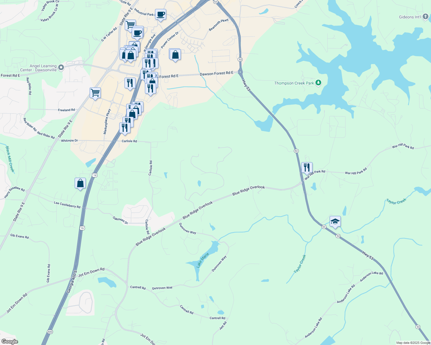 map of restaurants, bars, coffee shops, grocery stores, and more near 55 Summitrail Lane in Dawsonville