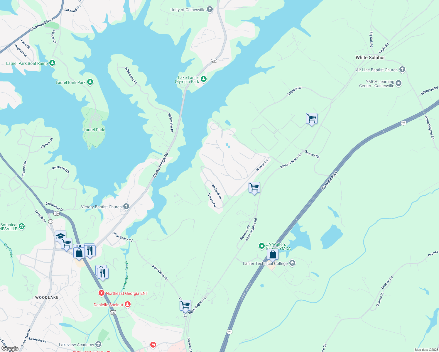 map of restaurants, bars, coffee shops, grocery stores, and more near 3251 Navajo Circle in Gainesville