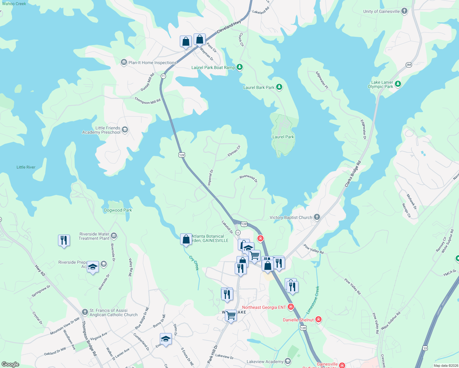 map of restaurants, bars, coffee shops, grocery stores, and more near 2088 Riverwood Dr in Gainesville