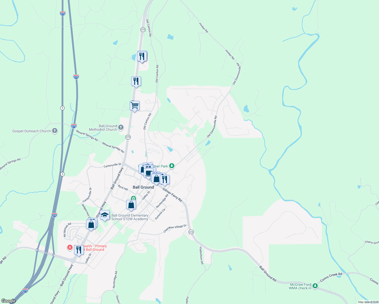map of restaurants, bars, coffee shops, grocery stores, and more near 110 William Ct in Ball Ground