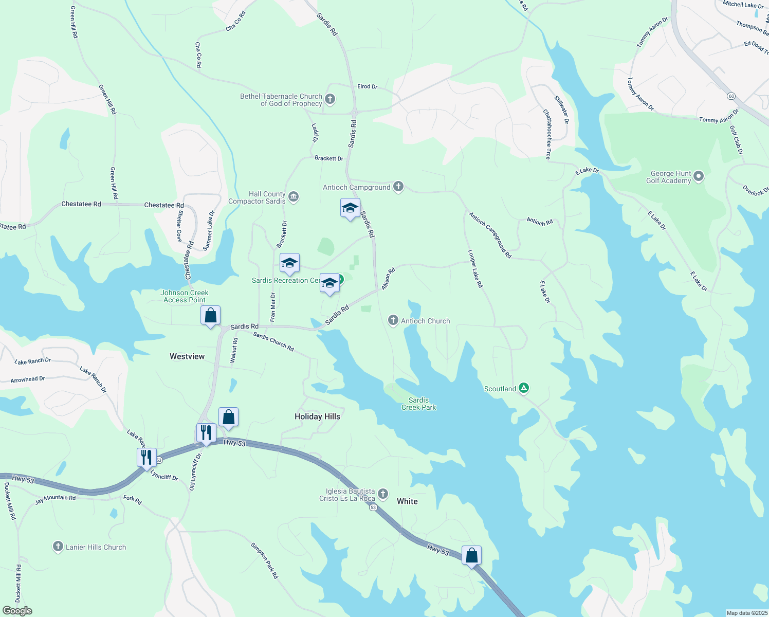 map of restaurants, bars, coffee shops, grocery stores, and more near 2919 Antioch Church Rd in Gainesville