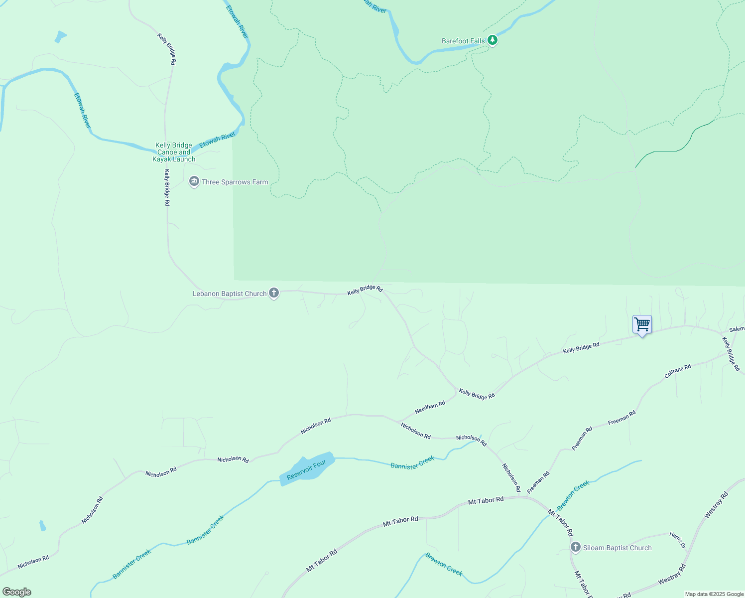 map of restaurants, bars, coffee shops, grocery stores, and more near 66 Red Rose Lane in Dawsonville