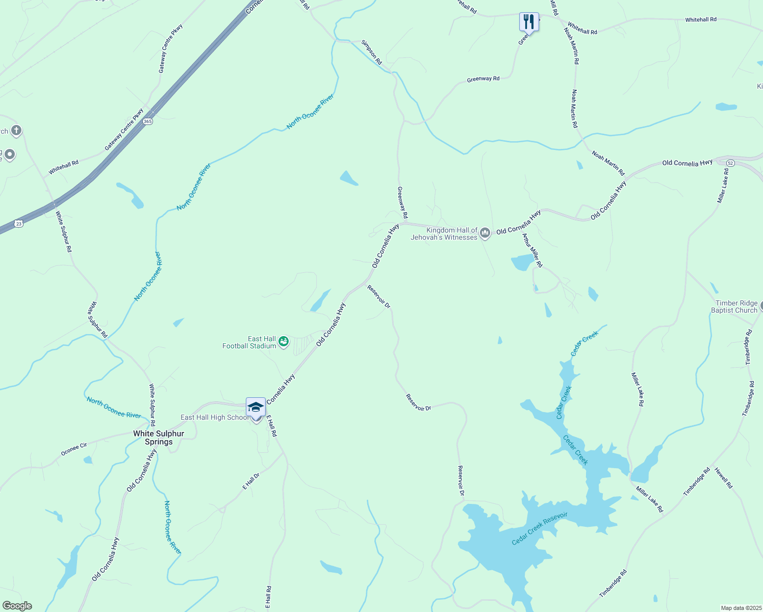 map of restaurants, bars, coffee shops, grocery stores, and more near 3732 Reservoir Drive in Gainesville