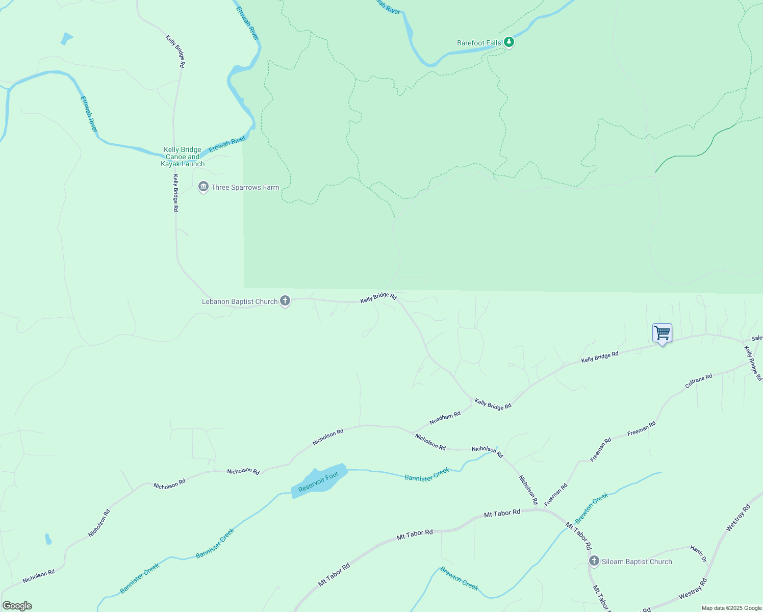 map of restaurants, bars, coffee shops, grocery stores, and more near 66 Red Rose Lane in Dawsonville