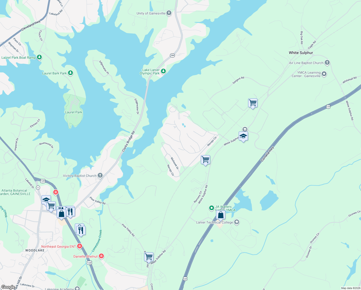 map of restaurants, bars, coffee shops, grocery stores, and more near 3214 Timbers Road in Gainesville