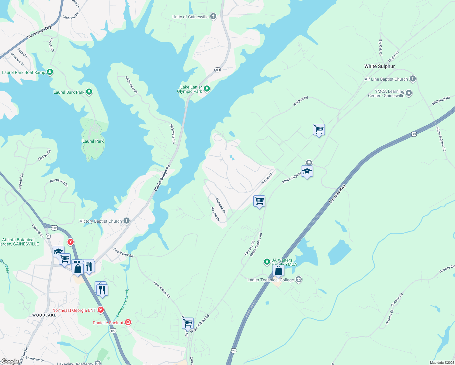 map of restaurants, bars, coffee shops, grocery stores, and more near 3214 Timbers Road in Gainesville