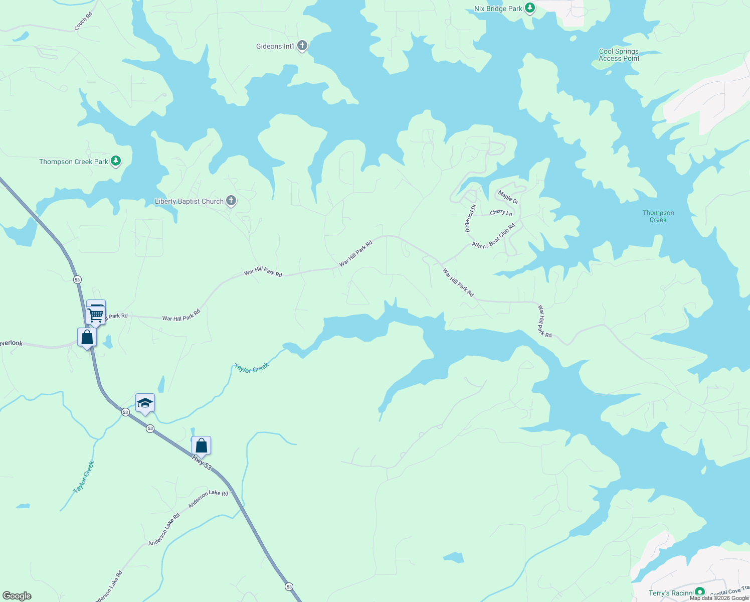 map of restaurants, bars, coffee shops, grocery stores, and more near 464 Brookwood Drive West in Dawsonville