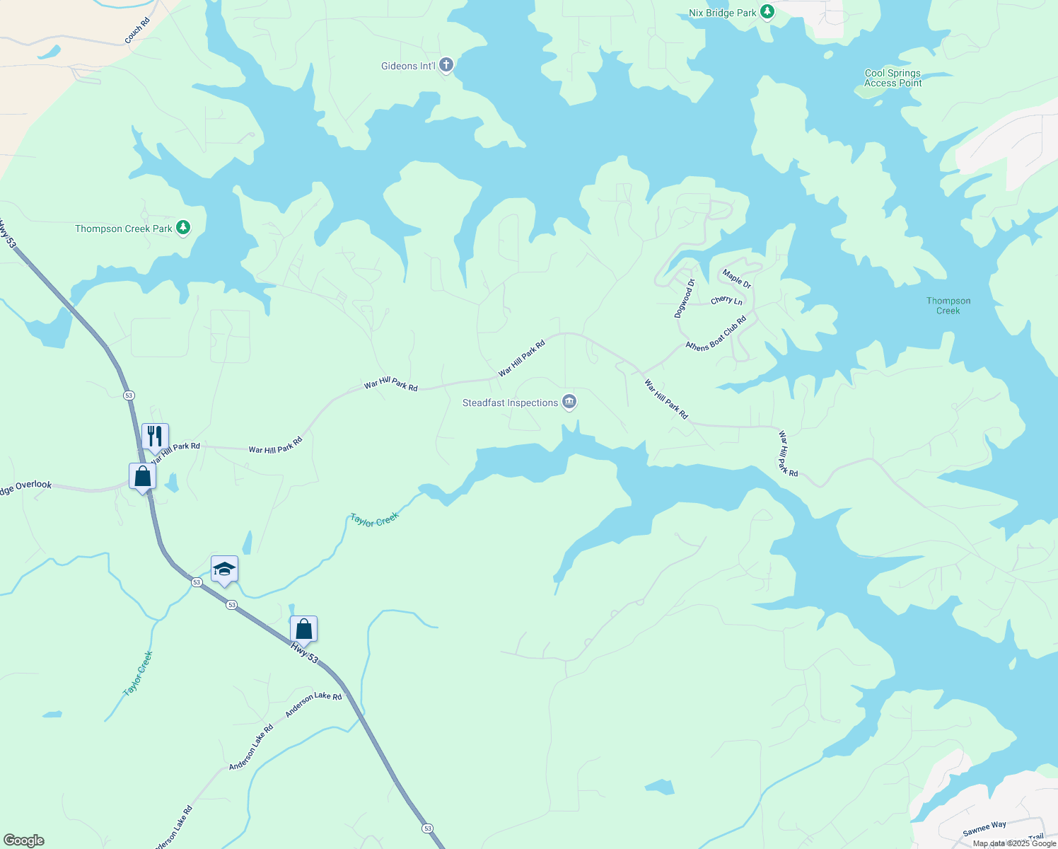 map of restaurants, bars, coffee shops, grocery stores, and more near 425 Brookwood Drive West in Dawsonville