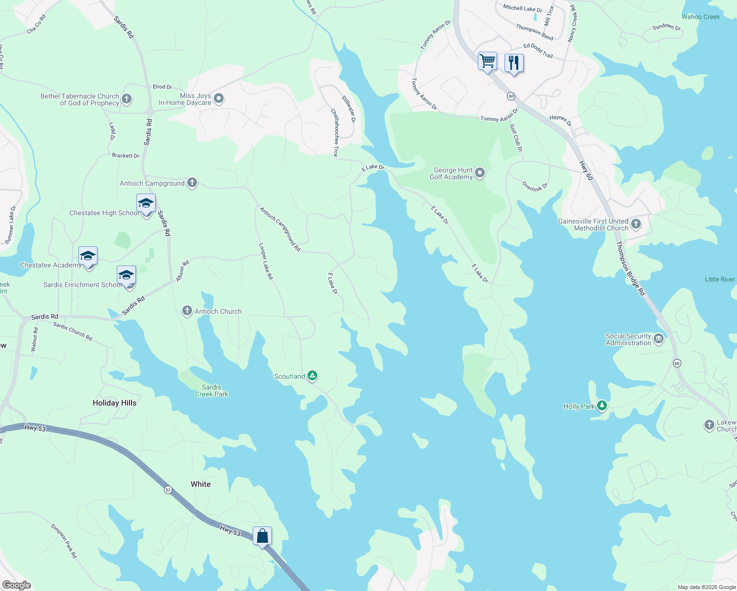 map of restaurants, bars, coffee shops, grocery stores, and more near 1177 Antioch Campground Road in Gainesville