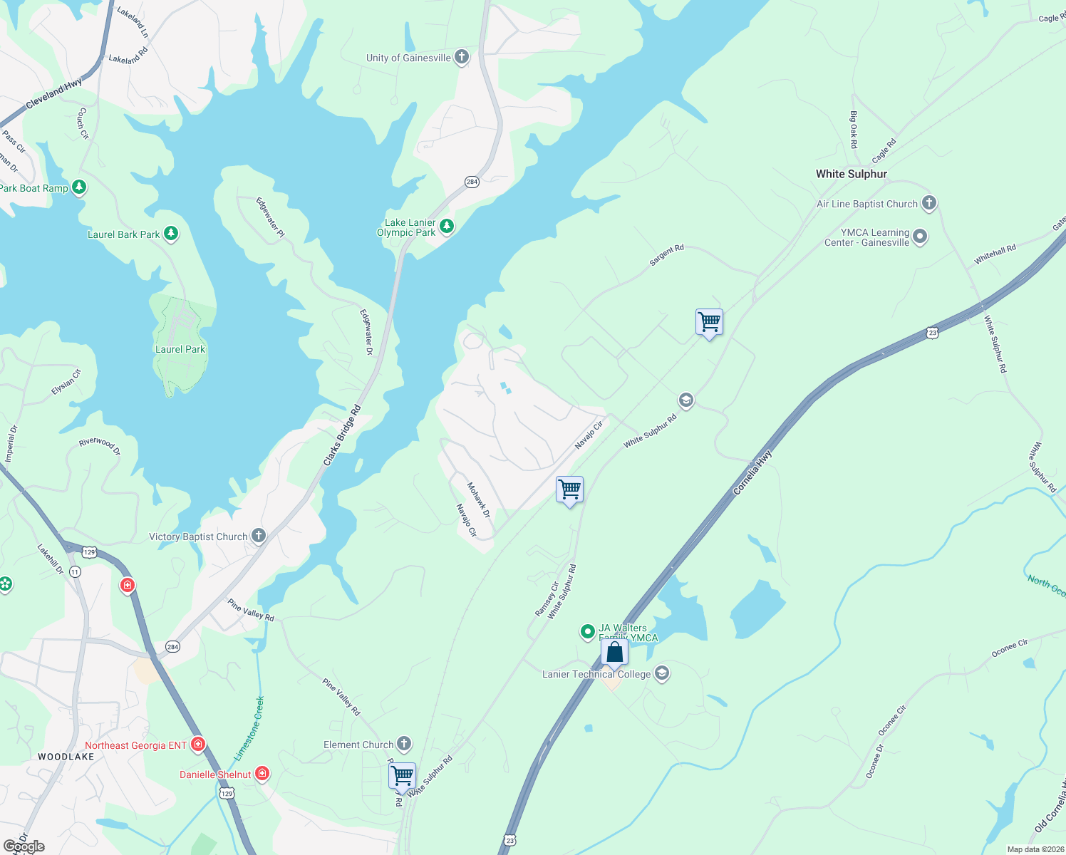 map of restaurants, bars, coffee shops, grocery stores, and more near 3024 Big Tree Road in Gainesville