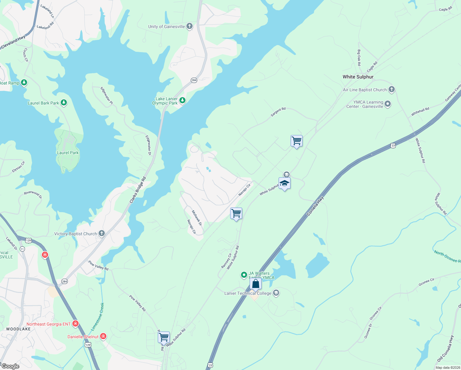 map of restaurants, bars, coffee shops, grocery stores, and more near 2925 Lake Hollow Road in Gainesville