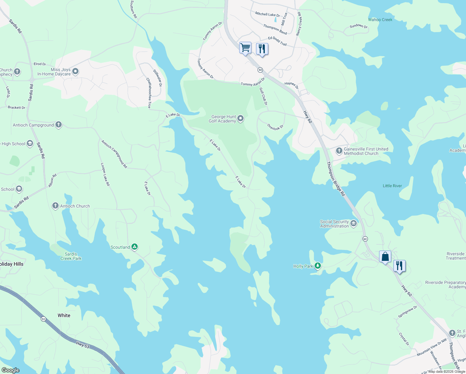 map of restaurants, bars, coffee shops, grocery stores, and more near 435 Peninsula Rd in Gainesville
