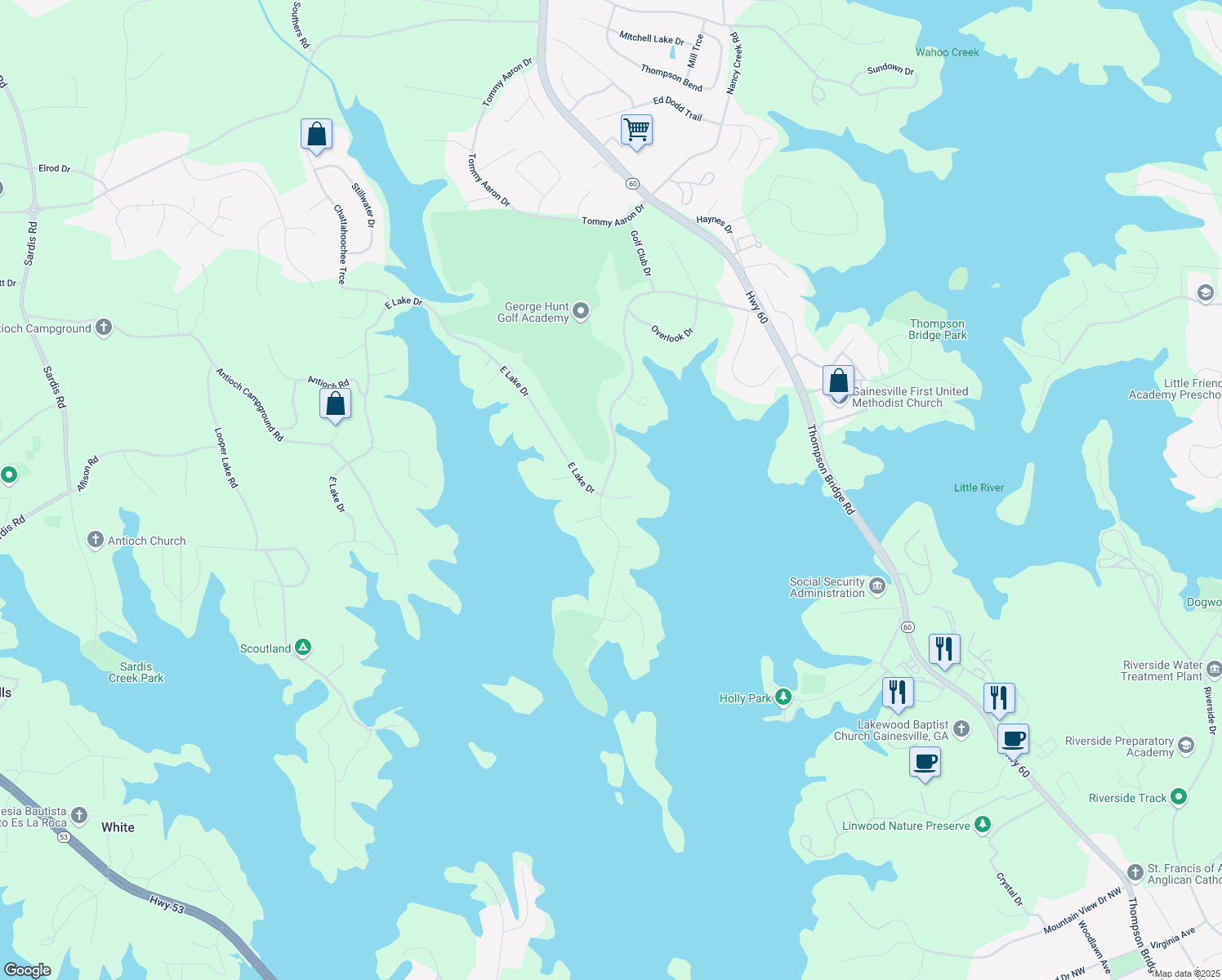 map of restaurants, bars, coffee shops, grocery stores, and more near 2626 Club Drive in Gainesville