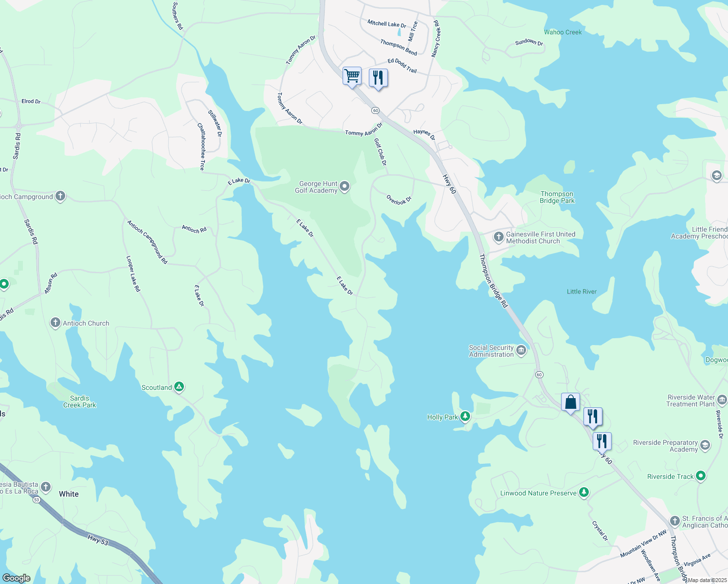 map of restaurants, bars, coffee shops, grocery stores, and more near 2626 Club Drive in Gainesville