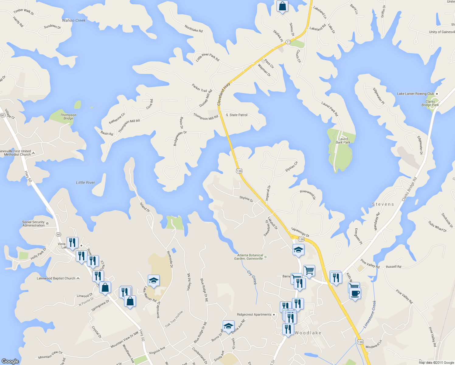 map of restaurants, bars, coffee shops, grocery stores, and more near 2223 Colonial Drive in Gainesville