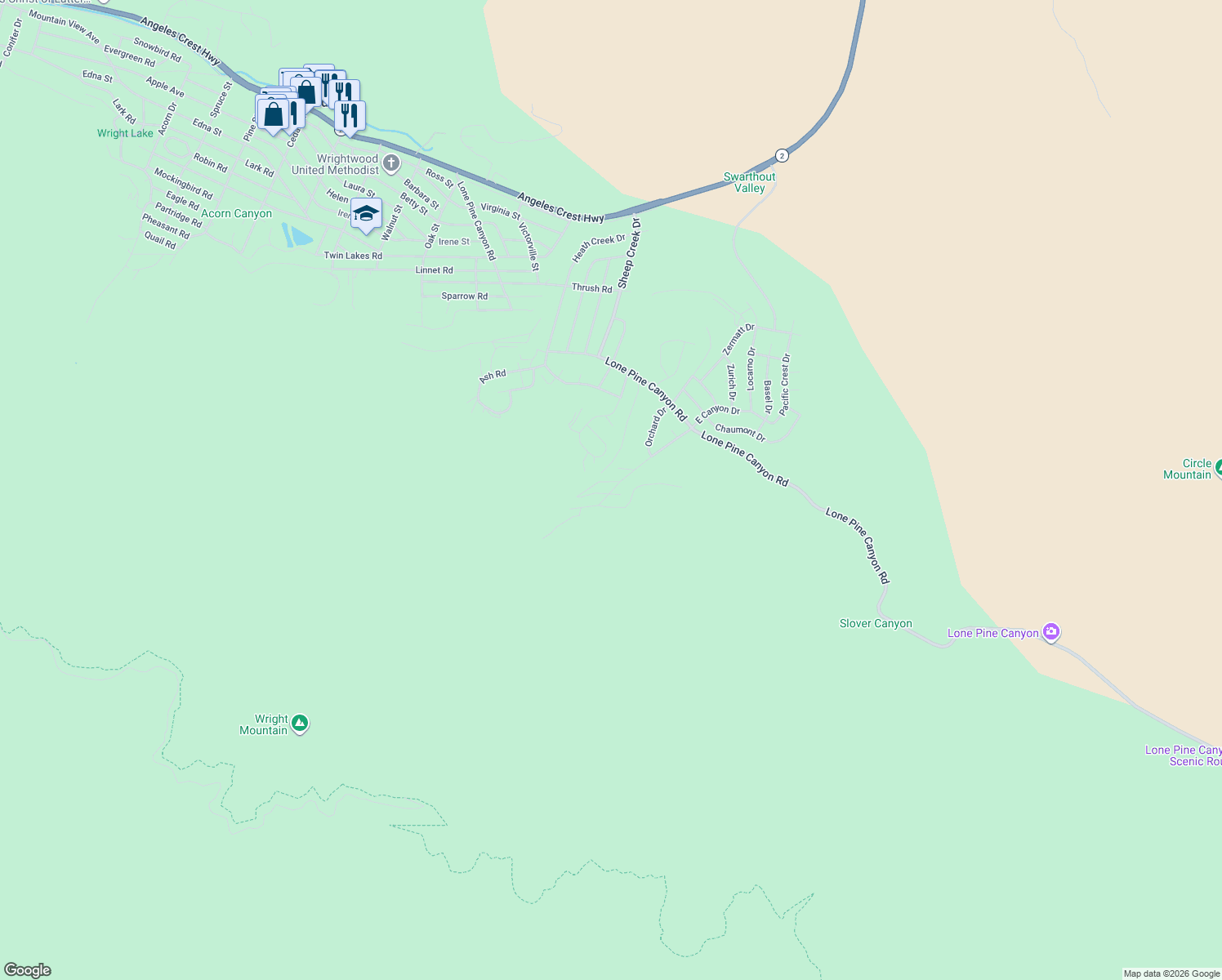 map of restaurants, bars, coffee shops, grocery stores, and more near 2054 East Canyon Drive in Wrightwood
