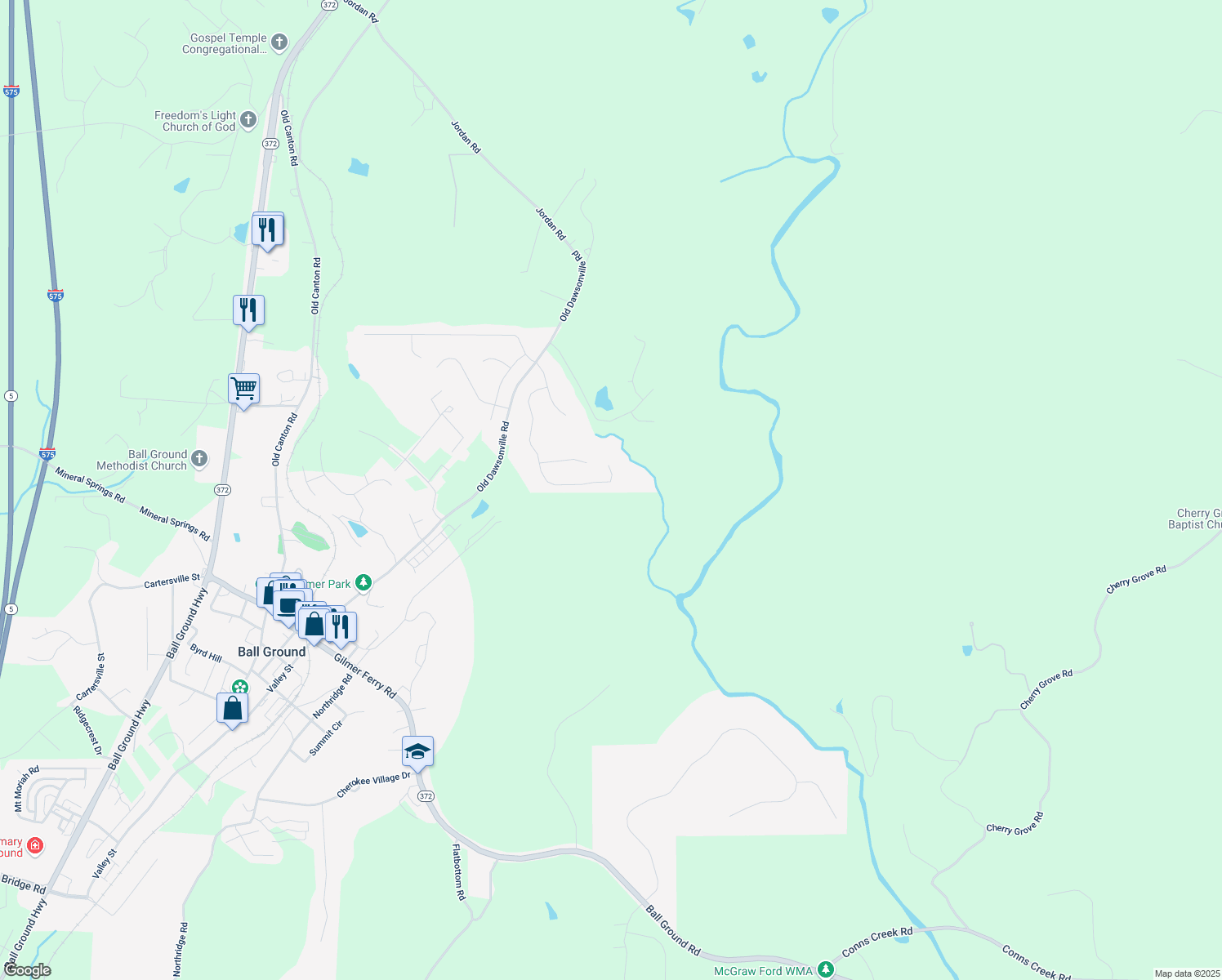 map of restaurants, bars, coffee shops, grocery stores, and more near 260 South Mountain Brook Way in Ball Ground