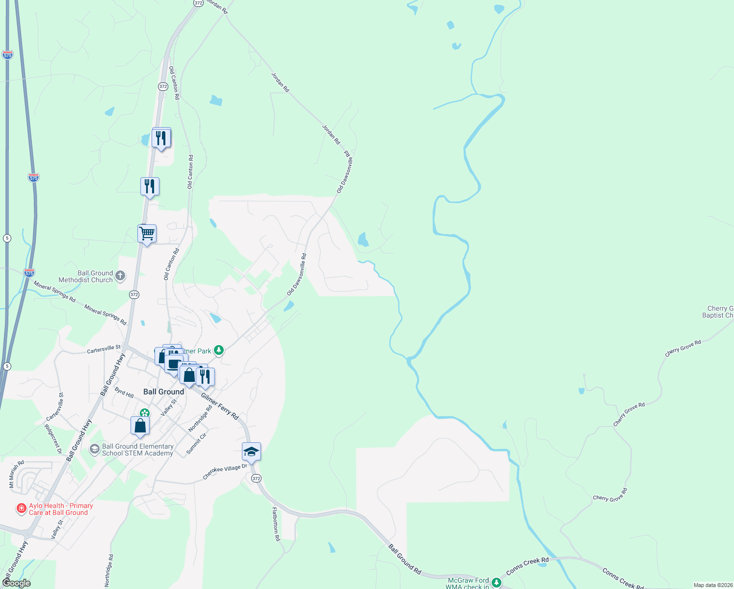 map of restaurants, bars, coffee shops, grocery stores, and more near 260 South Mountain Brook Way in Ball Ground